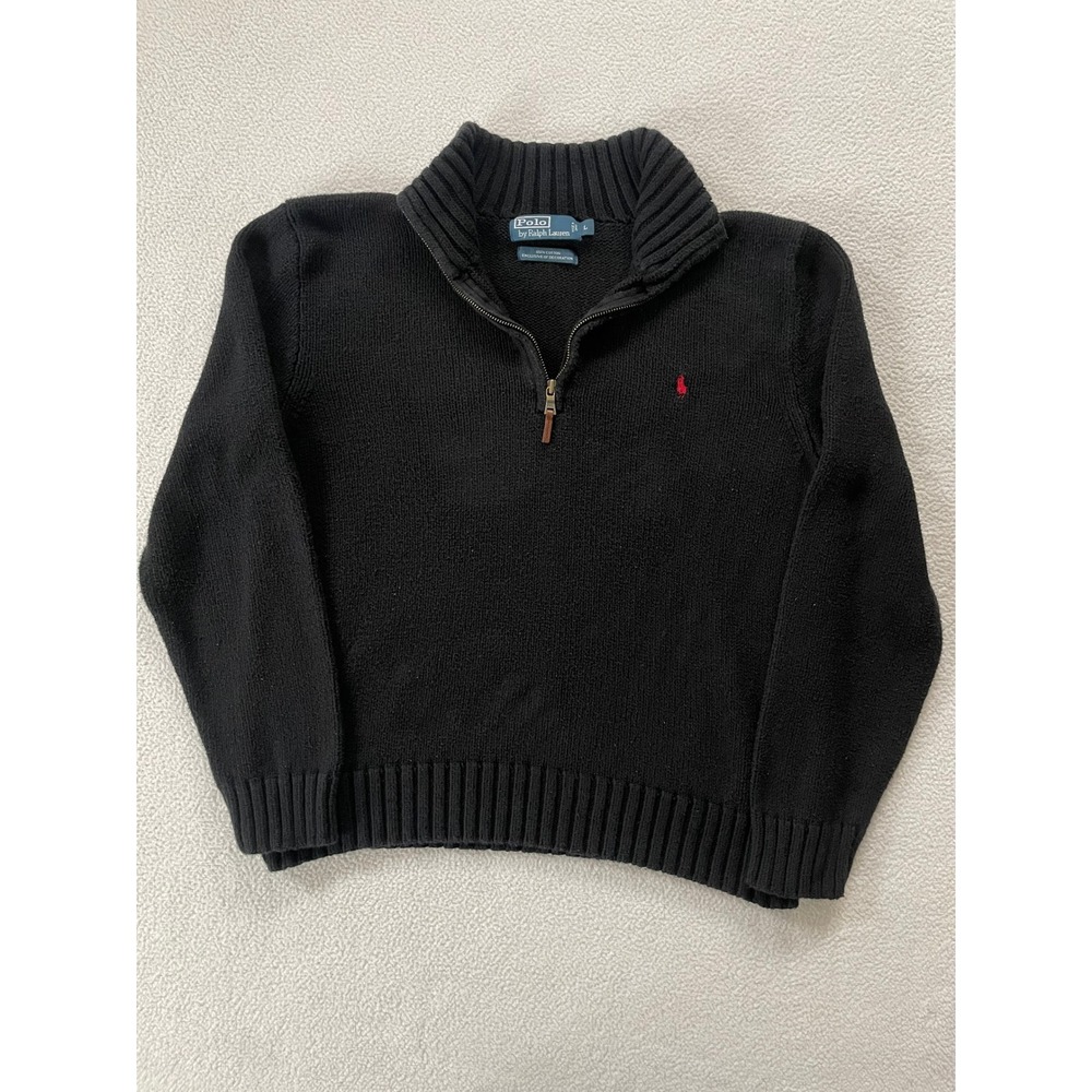 Polo Ralph Lauren Boys Large Sweater Black Quarter Zip Cotton Knit Red Pony